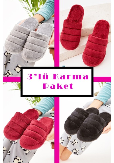 Stwenn 3 Lü Avantajlı Paket Kışlık Peluş Desenli Sessiz Ortopedik Taban Çeyiz Misafir Ev Terliği Set 3'lü Paket Bost
