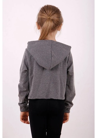 Toontoy Kız Çocuk Relax Fit Kapüşonlu Baskılı Crop Sweatshirt - 2 İplik Antrasit