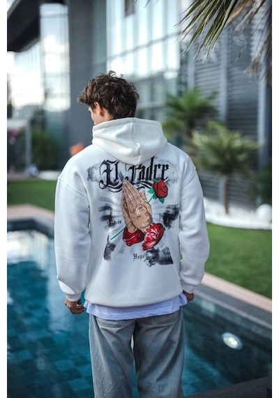 Üç İplik Penye Kapşonlu Baskılı Sweatshirt - Beyaz -