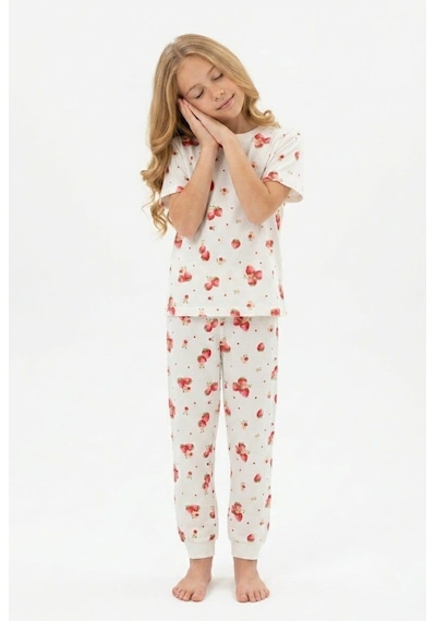 Bunny Hopp Kız Çocuk Pijama Takımı %100 Pamuk Çilek Desenli Yazlık Kısa Kollu Beyaz