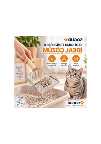 Ahşap Saplı Paslanmaz Kedi Kumu Temizleme Küreği - 26 Cm Uzunluk