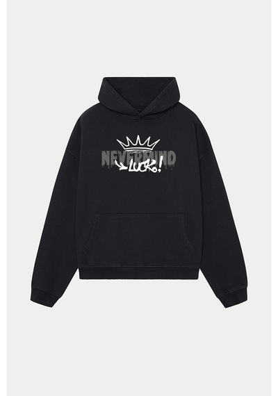Unisex Beyaz Kapüşonlu Sweatshirt - Luck Baskılı Oversize Hoodie Siyah
