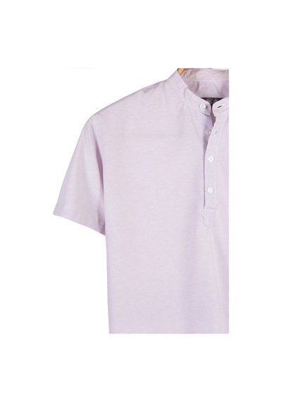 Erkek Lila Hakim Yaka Yarım Patlı Dik Çizgili Kısa Kollu Slim Fit Gömlek Lila