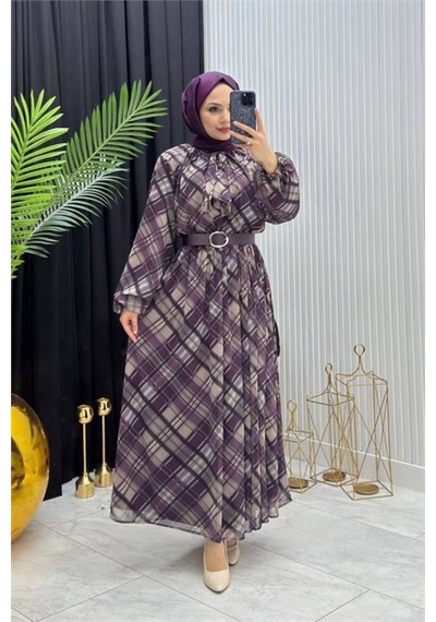 Neşeli Butik Kadın Mor Ekose Desen Yaka Bağlama Detaylı Tül Kumaş Tesettür Elbise Nms087