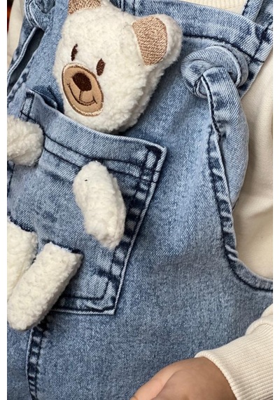 Unisex Çocuk Askısı Bağlamalı Teddy Oyuncaklı 2'li Kot Salopet 001