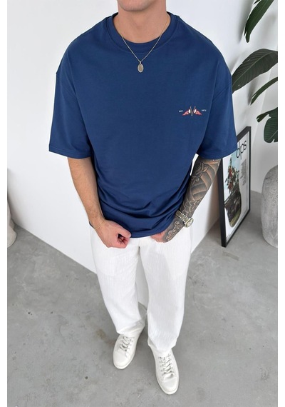 Lacivert Coastal Baskılı Oversize Tişört