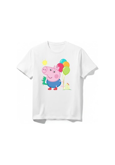 Urbantrendstore Peppa Pig Temalı Unisex Kız Çocuk Erkek Çocuk Bisiklet Yuvarlak Yaka Basic Kısa Kollu %100 Pamuk Tişört Beyaz
