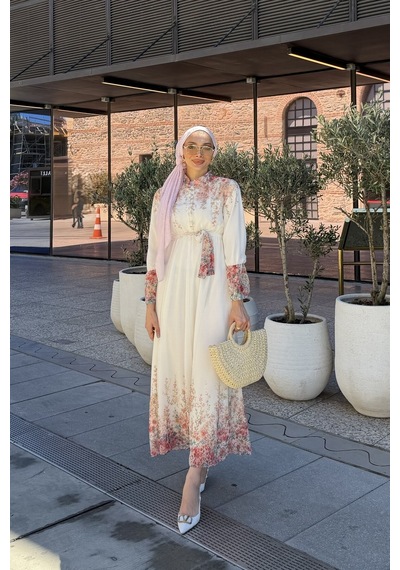 Riella Butik Çiçek Desenli Tesettür Elbise Beyaz