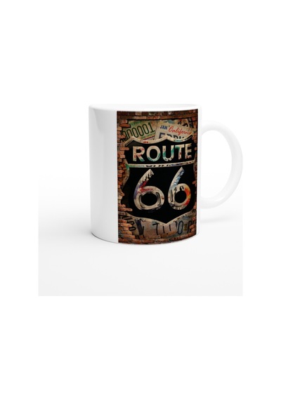 Tuğla Duvar Üzerinde Route 66 Baskılı Kupa Bardak Renkli
