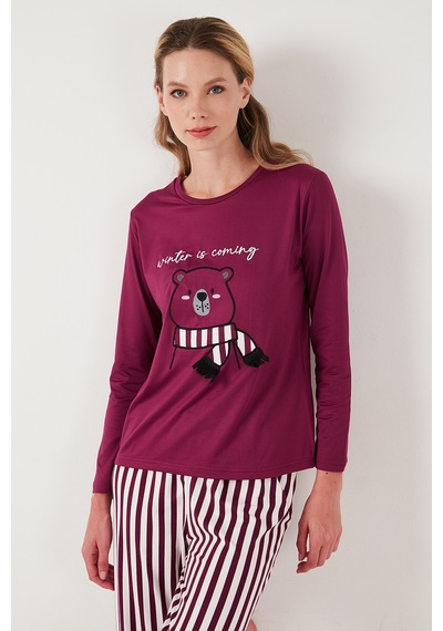Lela Regular Fit Desenli Bisiklet Yaka Bayan Pijama Takımı 65719102 Mürdüm