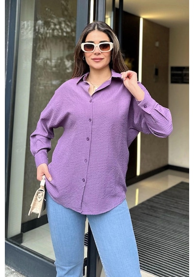 WeShaya Kadın Mor Basic Model, Gofre Kumaş, Salaş Gömlek Lila