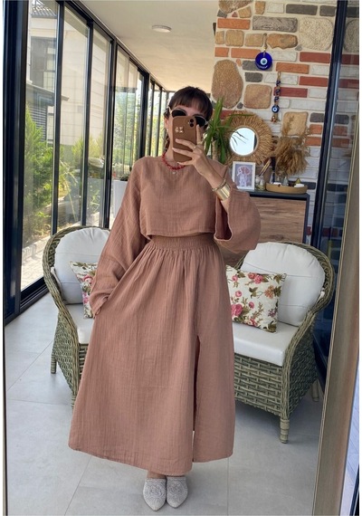 Unika Boutique Ham Keten Bohem Bluz Etek Takım Kahve