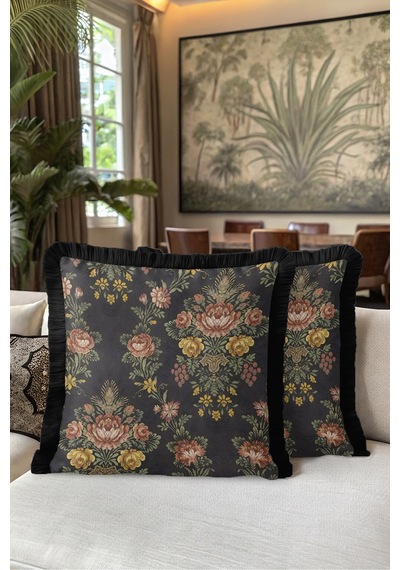 Vintage Çiçek Şato Zarafeti Saçaklı Yastık Kılıfı-goblen Floral Retro Hardal Püsküllü Kırlent Kılıfı Gri