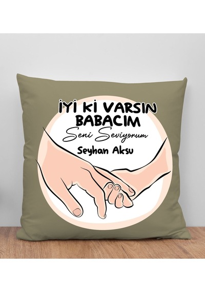 Bk Gift Kişiye Özel İsimli Babalar Günü Tasarımlı Haki Kırlent Yastık-11 Babaya , Ev Dekorasyonu, Babalar Günü si Açık Bej