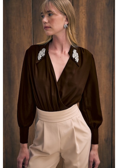 Sateen Aksesuar Detaylı Bodysuit Bluz - Kahve-136190 kahve