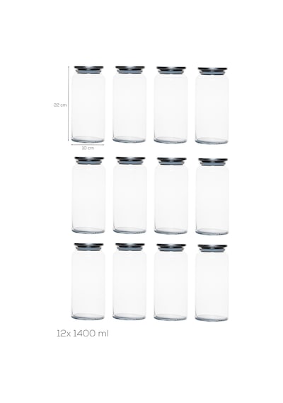 Porsima 4401 Bormio Metal Kapaklı 12li Cam Kavanoz Seti Vakum Kapaklı Saklama Düzenleme Kabı Seti 1400ml Şeffaf