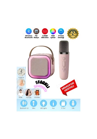 K12 Kablosuz Bluetooth Hoparlör Pembe Karaoke Mikrofon 5 Ses Efektli Rgb Hd Stereo Ses Usb/sd/fm
