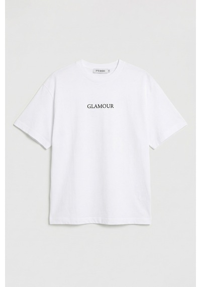 it's basic Kadın Beyaz S6-127 Oversize Glamour Baskılı %100 Koton T-shirt