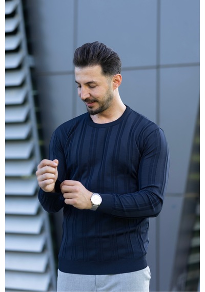 Hk Premium Kazak Fitilli Bisiklet Yaka Slim Fit Triko Lacivert