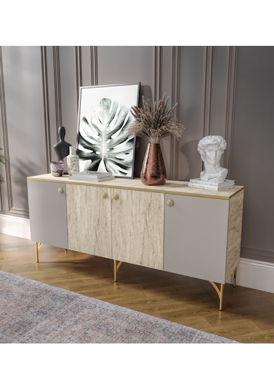 Traverten Çok Amaçlı Modern Konsol, 4 Kapaklı 160cm Mermer Desenli Konsol - Tamamı Mdf Traverten - Kumtaşı Traverten Çok Amaçlı Modern Konsol, 4 Kapaklı 160cm Mermer Desenli Konsol - Tamamı Mdf Traverten - Kumtaşı