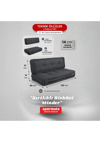 Xpermate Bisküvi Yer Minderi 60x120 Kalın Palet Balkon Petek Önü Fermuarlı Minder Antrasit