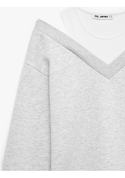 Koton Rahat Kalıp Atlet Detaylı Uzun Kollu Bisiklet Yaka Şardonlu Sweatshirt Gri Melanj 7wal10050ık