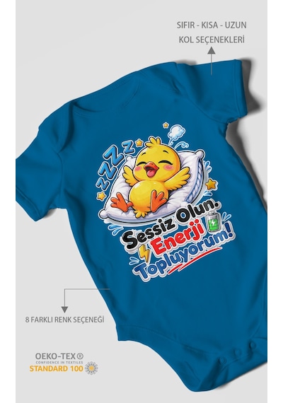Morivokids Sessiz Olun, Enerji Topluyorum Kısa Kollu Bebek Body %100 Pamuk Koyu Mavi