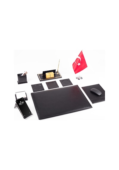 Optima 10 Parça Türk Bayraklı Siyah Deri Sümen Seti Takımı Gold Kalem Ofis Masa İsimliği İsimlik