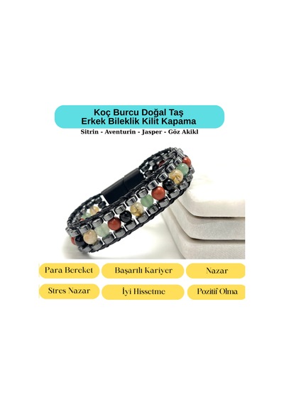 Sertifikalı Koç Burcu Disk Model Doğal Taş Erkek Bileklik Mıknatıslı Kilit Çok Renkli