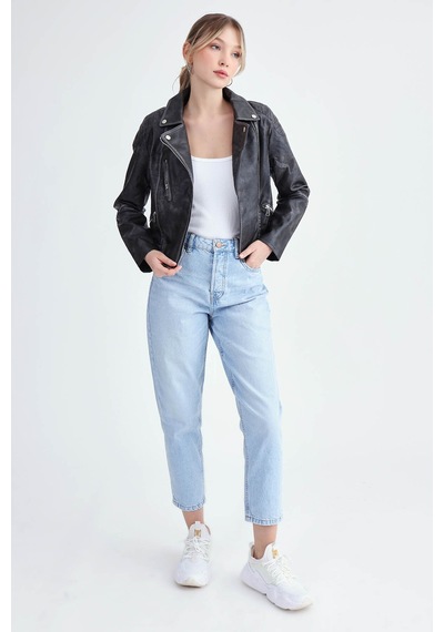 Vitrin Fermuarlı Suni Deri Crop Biker Ceket Siyah