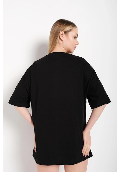 Startmore Kadın Siyah Happıness Baskılı Oversize Tshirt Siyah