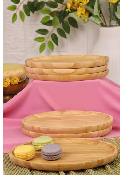 Bambum 6'lı Yuvarlak Servis Tabağı Seti Kahvaltı, Pasta Ve Sunum Tabakları Büyük Bambu