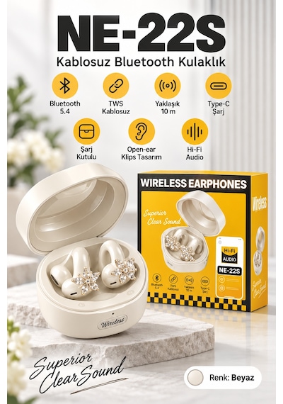 Ne-22s Tws Kablosuz Bluetooth 5.4 Open-ear Klips Küpeli Bayan Kulaklığı - Siyah