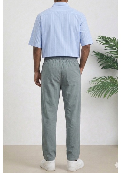 Cool Tarz Gri Renk Erkek Yazlık Keten Karışımı Relaxed Pantolon Gri Gri