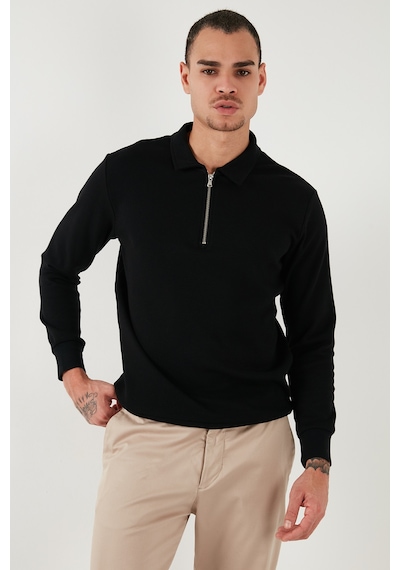 Buratti Pamuklu Regular Fit Yarım Fermuarlı Polo Yaka Erkek Sweat 5905805 Siyah