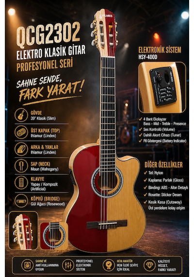 Valares Qcg2302c Elektro Klasik Gitar 39 İnç 4/4 Kesik Kasa 4 Bant Ekolayzerli Sahne Ve Amfi Uyumlu Çift Renk