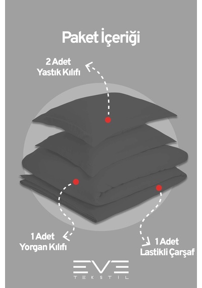 Eve Tekstil %100 Pamuk Ranforce Çarşaflı Yastık Ve Yorgan Kılıflı Çift Kişilik Nevresim Takımı 200x220 Cm Koyu Gri
