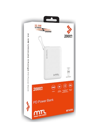 20000 Mah 22.5w Süper Hızlı Şarj Dahili Kablolu Led Göstergeli Pd Ve Qc 3.0 Powerbank Mt4550 Beyaz
