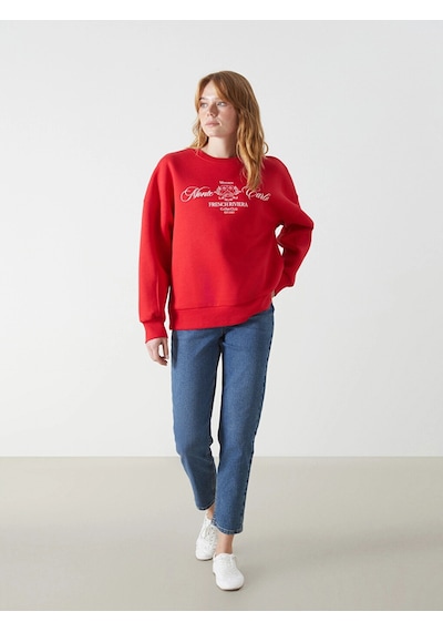 LC Waikiki Bisiklet Yaka Baskılı Oversize Kadın Kalın Sweatshirt Kırmızı