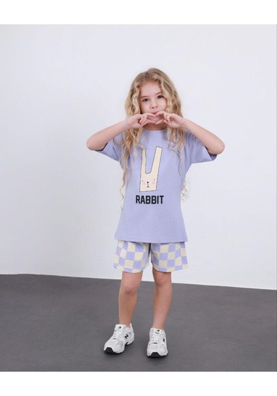 Cg Kids Rabbit Tavşan Baskılı Tshirt & Damalı Şort Lila Alt Üst Takım Süper Kalite Mor - Lila Cg Kids Rabbit Tavşan Baskılı Tshirt & Damalı Şort Lila Alt Üst Takım Süper Kalite Mor - Lila