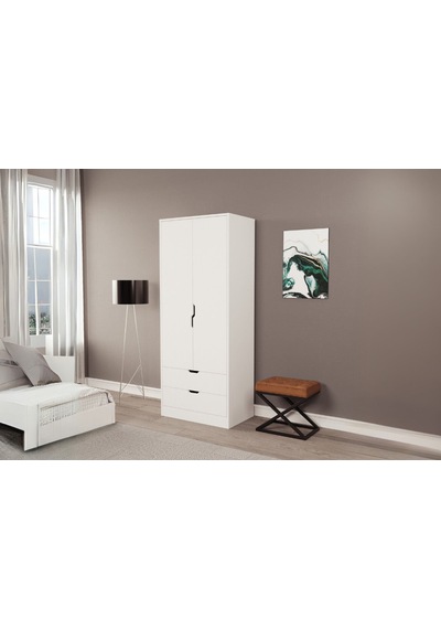 Moderno Mini 2 Kapaklı 2 Çekmeceli Gardırop Kompakt Tasarım, Modern Görünüm Beyaz