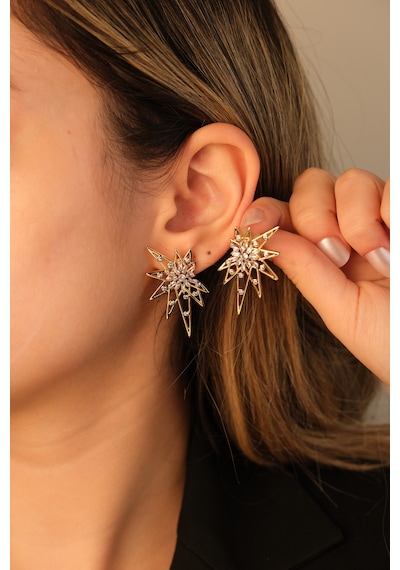 Çildan Womens Özel Tasarım Gold Zirkon Taşlı Yıldız Küpe