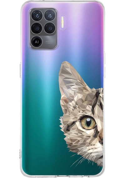 Oppo A94 Uyumlu Kamera Korumalı Catface Tasarımlı Şeffaf Silikon Kılıf Şeffaf