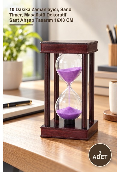 3 Adet Ahşap Kumsaati 10 Dakika Zamanlayıcı, Sand Timer, Masaüstü Dekoratif Saat Ahşap Tasarım 16x8 Cm Altın