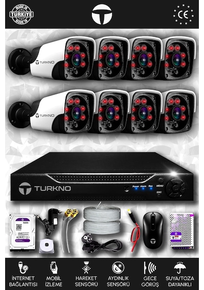Turkno 8 Kameralı Pania 8 Dış Kamera Set 500 GB HDD Full HD Gece Görüşlü Güvenlik Kamerası Sistemi