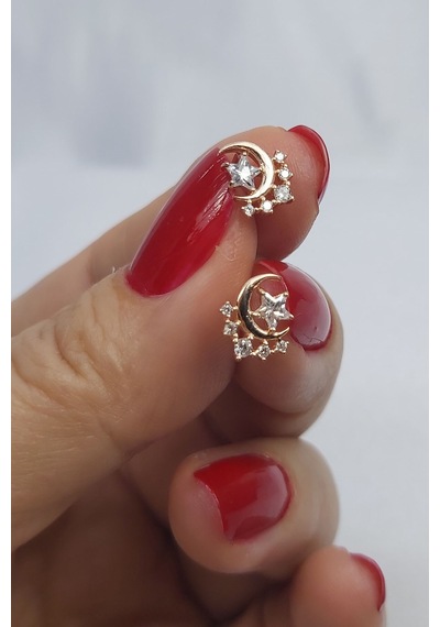 925 Ayar Rose Renk Yıldızlı Hilal Gümüş Küpe