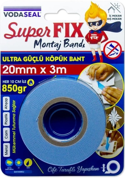 Mey İthalat Vodaseal Süper Fix Çift Taraflı Montaj Bandı 20 Mm 3 Metre
