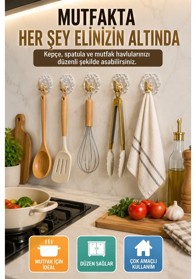 Gold Kendinden Yapışkanlı 5'li Duvar Askısı Banyo Mutfak Havlu Askılığı Buz Desen Dekoratif Seti Altın