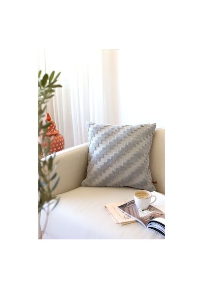 Bohem Özel Tasarım Punch Panç Desen Kare Dekoratif Kırlent Kılıfı 55x55 cm Zigzag Gri