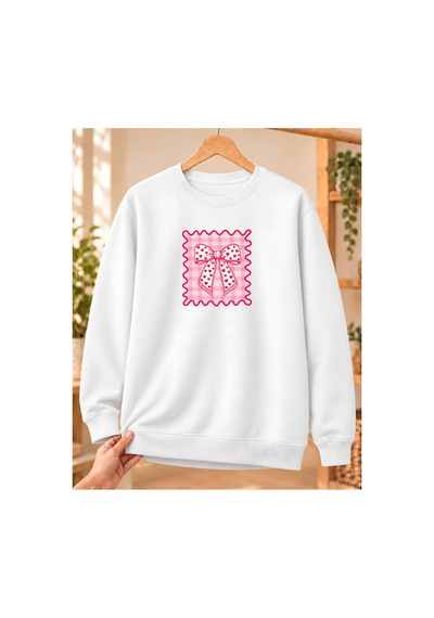 Mor Mürekkep Kadın %100 Pamuk 3 İplik Şardonlu Pötikare Kalpli Fiyonk Baskılı Bisiklet Yaka Sweatshirt Beyaz